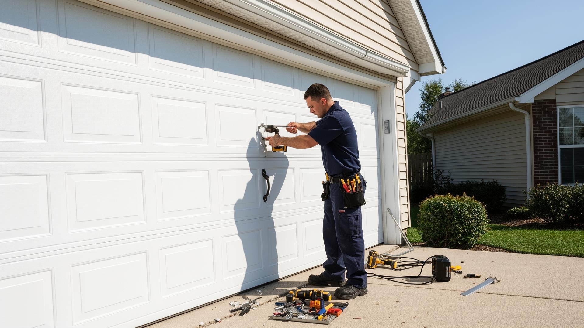 Professional garage door repair technician servicing a residential garage door in Northeast Ohio
